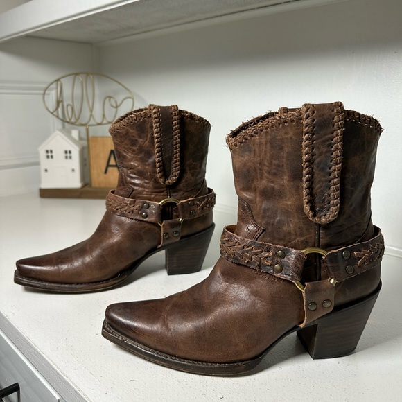Cleo + Wolf Shoes - Cleo + Wolf Brown Leather Harness Ankle Boots Women’s 7B Western Moto Boho